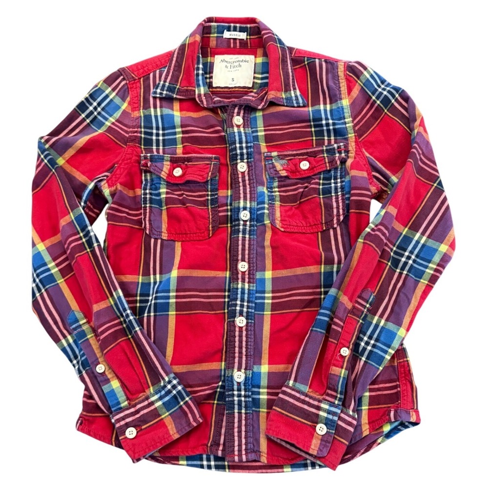 Abercrombie & Fitch Mens Muscle Fit Plaid Flannel Shirt Red Blue Small